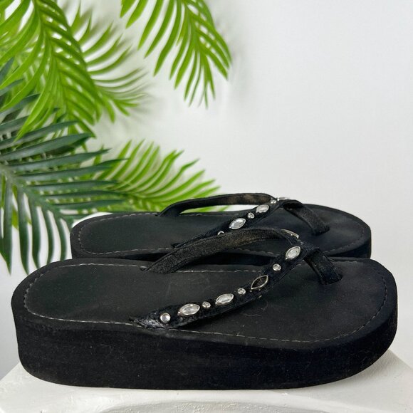 Vintage Y2K Black Rhinestone Embellished Grunge Chunky Platform Flip Flops / 6 - Picture 2 of 6